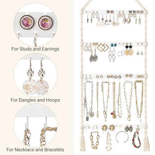 Mkono Hanging Jewelry Organizer Macrame Necklace Holder Wall Mounted Jewelry Hanger Earring Holder Organizer Boho Decor Over Door Jewelry Display Necklace Rack for Necklaces Bracelets Earrings