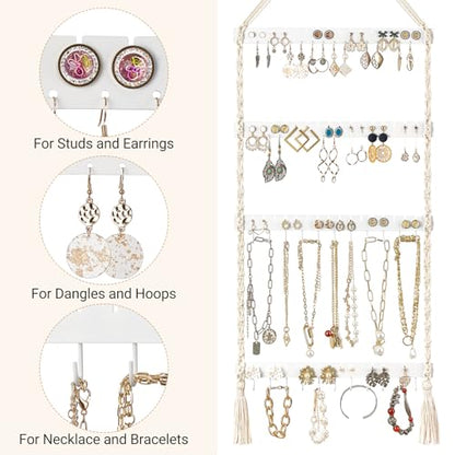 Mkono Hanging Jewelry Organizer Macrame Necklace Holder Wall Mounted Jewelry Hanger Earring Holder Organizer Boho Decor Over Door Jewelry Display Necklace Rack for Necklaces Bracelets Earrings