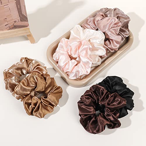 Ivyu Satin Hair Bands and Scrunchies: Thick Curly Hair Ponytail Holders for Girls, No Crease or Damage, Cute Brown Pink