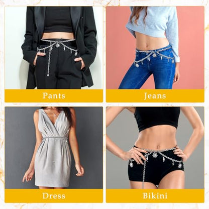 Double Layer Metal Chain Belt, Moon Star Waist Chain Fashion Link Belt Skinny Dress Waist Chain Belt For Women - color: Silver