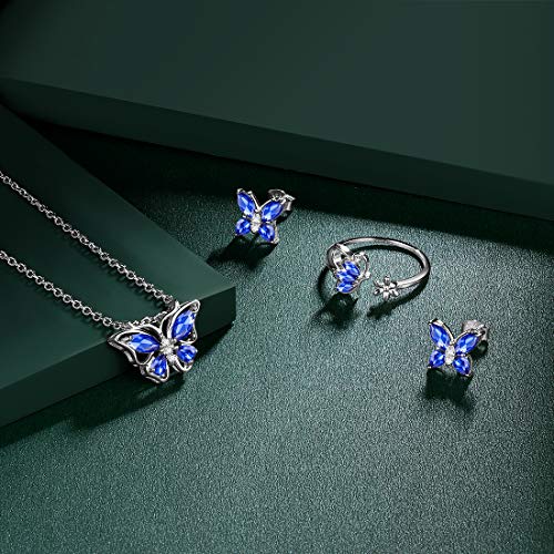 925 Sterling Silver Birthstone Butterfly Jewelry Women Crystal Animal Cute Butterflies Birthday Necklace/Earring/Ring/Bracelet Sets Birth Stone Statement Anniversary Jewellery - color: 2-I.September-Sapphire