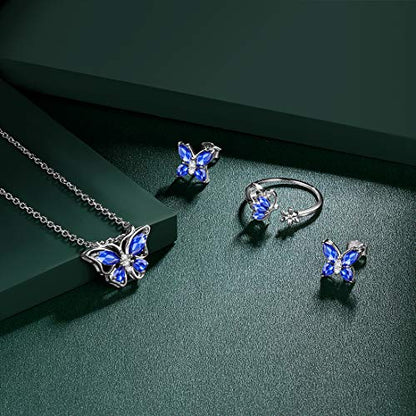 925 Sterling Silver Birthstone Butterfly Jewelry Women Crystal Animal Cute Butterflies Birthday Necklace/Earring/Ring/Bracelet Sets Birth Stone Statement Anniversary Jewellery - color: 2-I.September-Sapphire