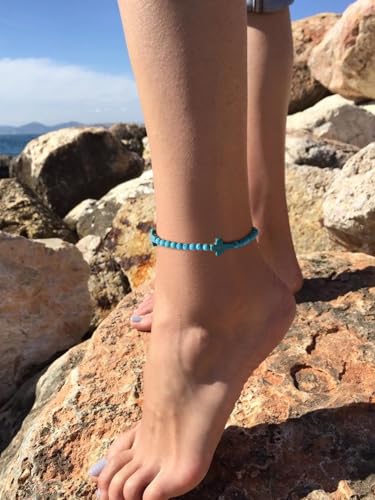 Starain Stone Beaded Anklets for Women Handmade Beach Turquoise Beads Ankle Bracelet Trendy Boho Cross Bead Anklet Jewelry 8 inch Adjustable - color: A