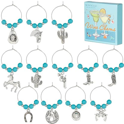 SUNNYCLUE 1 Box 12Pcs Drink Charms Bulk Wine Glass Markers Glass Markers Bulk Lucky Energy Turquoise Beads Wine Identifiers for Gathering Wedding Party Favor Drinks Decor Supplies - style: 12 Sets Silver Tone Cowboy Themed Wine Charms & Upgraded Gift Box