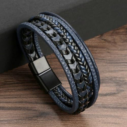 Mens Leather Bracelet Multi-Layer Braided Bracelet Wristband Father's Day Birthday Jewelry Gifts 8.5" Classic Bracelet with Stainless Steel Buckle - color: blue