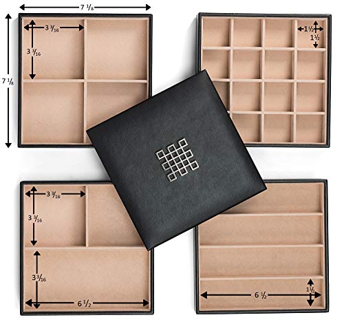 Glenor Co Jewelry Organizer Tray - 4 Stackable Trays & Lid with Mirror - 27 Slot Storage for Drawer, Dresser - Black - size: Square - 4 Trays + Lid Set - 27 Slots