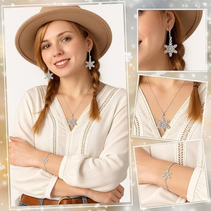 3 Pcs Heart Bow Snow Jewelry Set | Heart Necklace with Bracelet Earring, Snow Jewelry Set for Women, Bow Charms Toggle Gifts - color: Silver, style: Snow