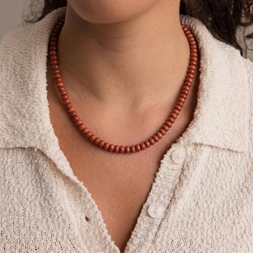 CONRAN KREMIX Colorful Stone Beaded Necklace for Women,Natural Gemstone Bead Choker Necklaces Boho Summer Beach Layering Necklace Jewelry Gift for Women - color: Brick Red