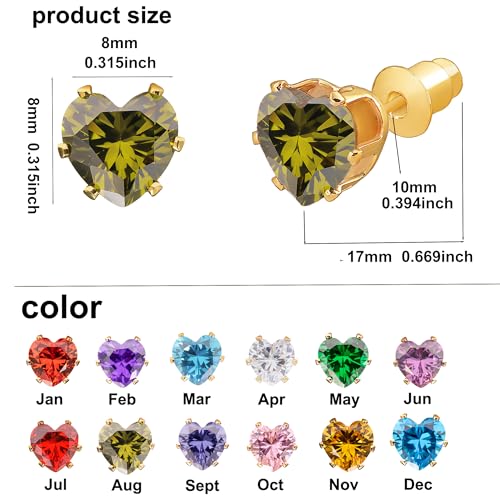 8mm Heart-Cut Birthstone Stud Earrings for Women – 18K Gold Plated Hypoallergenic Cubic Zirconia Earrings, Nickel Free, 12 Months Colors, Everyday Jewelry, Gift for Her, Bridal, Birthday, Christmas - color: 08 Aug Peridot