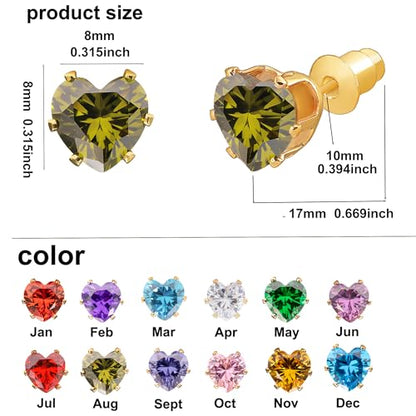 8mm Heart-Cut Birthstone Stud Earrings for Women – 18K Gold Plated Hypoallergenic Cubic Zirconia Earrings, Nickel Free, 12 Months Colors, Everyday Jewelry, Gift for Her, Bridal, Birthday, Christmas - color: 08 Aug Peridot