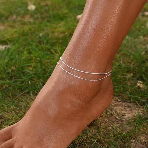 Ankle Bracelets for Women 14K Gold Plated Anklet Silver Anklets Waterproof Evil Eye Beaded Pearl Tennis Crystal Heart Cuba Link Chain Anklets Dainty Jewelry Gift for Her - color: Thin Silver Chain