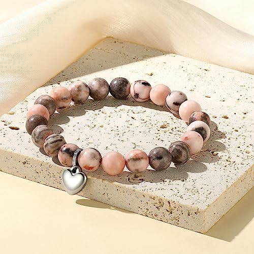 MIXJOY Inspirational Gifts for Women, Heart Charm Pink Elastic Beads Bracelet, Positive Affirmations Get Well Soon Gifts - style: steel heart will order Psalm pink