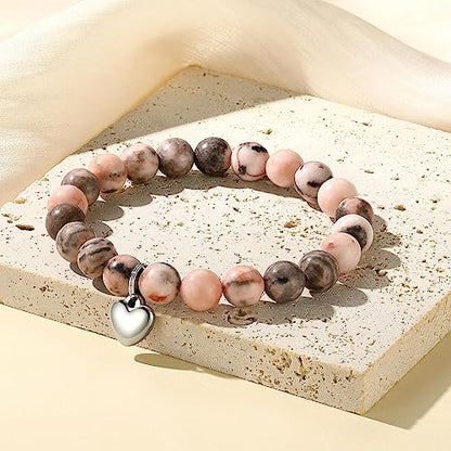 MIXJOY Inspirational Gifts for Women, Heart Charm Pink Elastic Beads Bracelet, Positive Affirmations Get Well Soon Gifts - style: steel heart will order Psalm pink