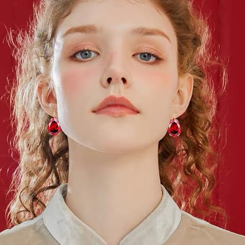 14K Gold Teardrop Crystal Leverback Earrings Sparkly Rhinestone Water Droplet Dangle Drop Earrings For Women - color: Red
