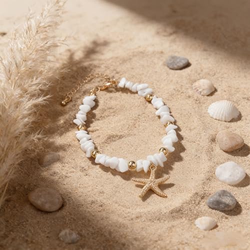 Starfish Shell Anklets for Women，Gold Plated Boho Jewelry Anklet Jewelry Set，With Pearls, Starfishs and shells ，Adjustable Summer Beach Jewelry Foot Accessories，Gifts Ready