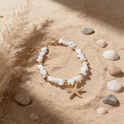 Starfish Shell Anklets for Women，Gold Plated Boho Jewelry Anklet Jewelry Set，With Pearls, Starfishs and shells ，Adjustable Summer Beach Jewelry Foot Accessories，Gifts Ready