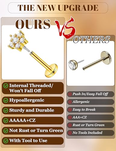 12Pcs 16G/18G Flat Back Cartilage Stud Earrings 18K Gold Plated Helix Stud Earrings for Women 316L Surgical Steel Internally Thread Hypoallergenic Labret Tragus Conch Lip Piercing Jewelry - color: Gold, size: 16G(1.2mm)
