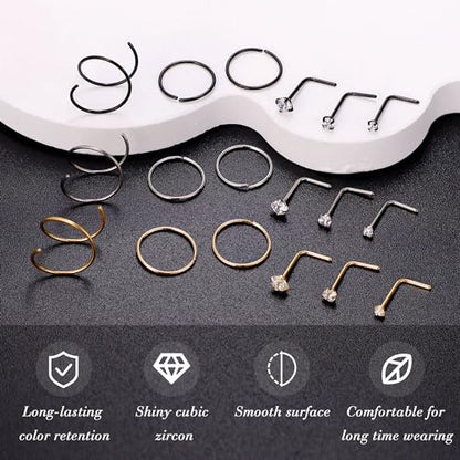 22G 18Pcs G23 Titanium Nose Rings Hoops for Sensitive Skin Double Nose Rings L Shaped Nose Studs Hypoallergenic Nose Piercings Jewelry - color: Silver+Gold+Black