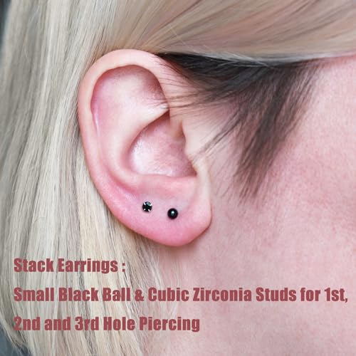 6Pairs 2mm/3mm Surgical Steel Hypoallergenic Piercing Studs, 20G 14K Real Gold Filled Tiny Stud Earrings Set for Multiple Hole Piercing (Cubic Zirconia, Pearl, Ball) - style: N : 2MM Black Ball & CZ, 6 Piars