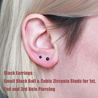 6Pairs 2mm/3mm Surgical Steel Hypoallergenic Piercing Studs, 20G 14K Real Gold Filled Tiny Stud Earrings Set for Multiple Hole Piercing (Cubic Zirconia, Pearl, Ball) - style: N : 2MM Black Ball & CZ, 6 Piars