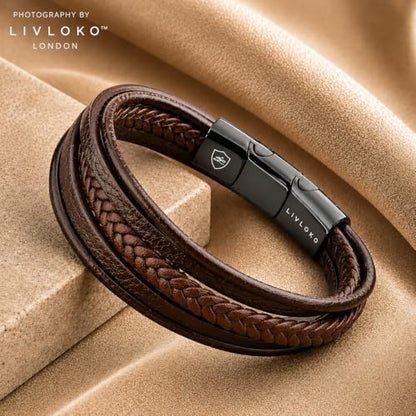 LONDON Mens Bracelet Leather Black Multi-Layer Stone Beads Adjustable Steel Clasp Viking Rope Bands Surfer Man Wristband Male UK Jewellery Gift box Boyfriend Dad Son Brother Tiger Eye - color: D. 19-22cm Brown Leather Adjustable, size: Medium to Large 20-