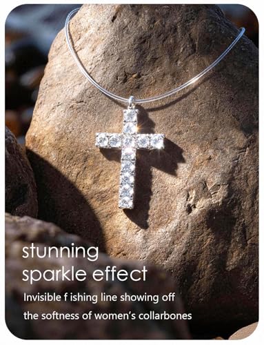 Teardrop 925 Silver CZ Floating Pendant Necklace 16 Inch Cubic Zirconia Invisible Necklace, Hypoallergenic, Jewelry Gifts for Women Anniversary Birthday - color: cross
