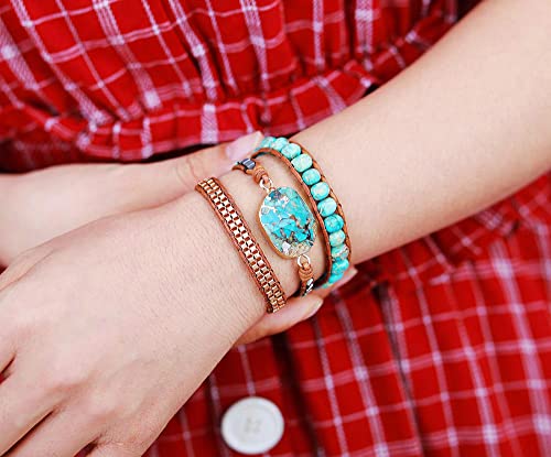 Women Wrap Bracelets Boho Natural Stone Jasper Turquoises Strand Bracelet Jewelry Collection - color: Gold Turquoise
