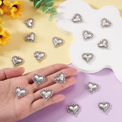 Elecrelive Crystal Heart Charms Rhinestone Heart Pendants Valentine Charms for Necklace Bracelet Earring Wedding Jewelry - color: Antique Silver, 30pcs