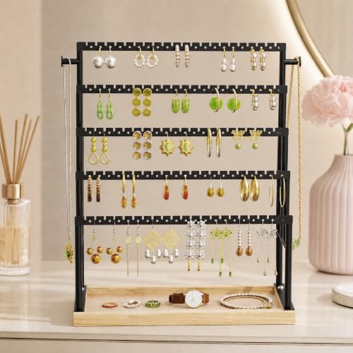 Large 5 Tier Earring Organizer and Holder, Black | 100+ pair earring storage, jewelry holder stand, clean white finish, ideal for bright bedrooms and modern vanities - color: Black