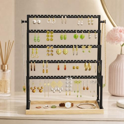 Large 5 Tier Earring Organizer and Holder, Black | 100+ pair earring storage, jewelry holder stand, clean white finish, ideal for bright bedrooms and modern vanities - color: Black