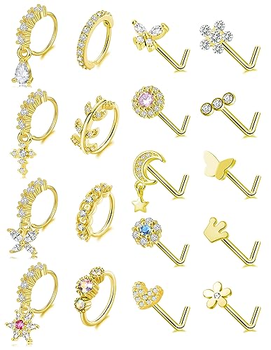 Akeoqi 18Pcs Nose Rings Hoops L Shape Nose Studs Screw Bone CZ Butterfly Flower Cross Leaf Star Crown Heart Nose Nostril Piercings Jewelry Set For Women Men Gold Silver Tone 20G - color: A1:Gold-18PCS