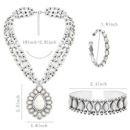 NEWITIN 4 Pieces Silver Bohemian Jewelry Set for Women Fashion Costume Jewels Turquoise Necklace Bracelet Earrings Western Turquoise Jewelry Set for Women - color: White Turquoise B