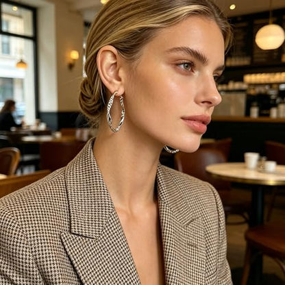 Women's Gold and Silver Twisted Hoop Earrings, 14K Gold Plated Textured Earrings, Hypoallergenic Lightweight Fashion Jewelry, Suitable for Daily Wear, Party, Wedding or as a Gift for Women - color: Silver