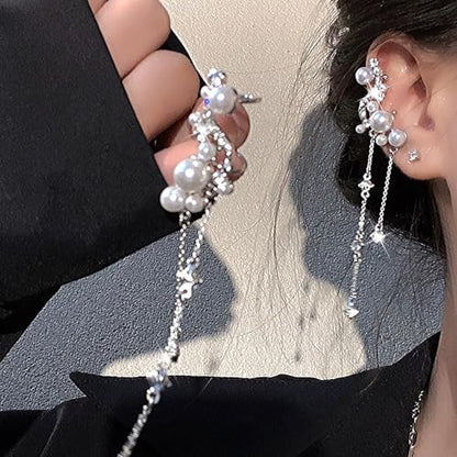 Pearl Long Tassel Ear Cuff Earrings for Women Sparkly Pearl Clip On Cartilage Earring Crystal Chain Pearls Non Piercing Statement Earring Jewelry Gift