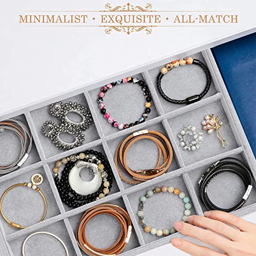 Emibele Bracelets Organizer Jewelry Tray, 12 Grids Velvet Tray Storage for Watches Rings Earrings, Stackable Jewelry Drawer Organizer Showcase Display Trays with Detachable Inner Dividers, Grey - style: D1- twelve Grids