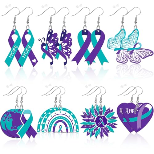 8 Pairs Suicide Prevention Awareness Acrylic Earrings for Women | Teal Purple Ribbon Dangle Earrings, Suicide Prevention Publicity Activities, Lightweight Acrylic, Double Side - style: Suicide Prevention Awareness