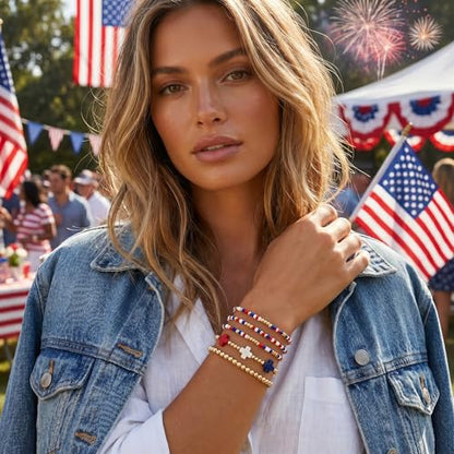 Gold Beaded Bracelets Stack for Women Stackable 14K Gold Plated Beads Ball Cross Bracelet Boho Christian Jewelry Faith Friendship Birthday Gifts for Women - color: USA