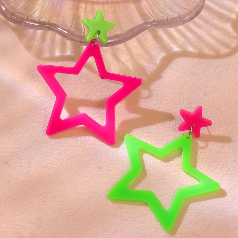 Colorful 80s 90s Neon Star Earrings for Women Retro Glow Party Costume 80s 90s Acrylic Dangle Earrings Outfit - style: Exchange Green and Hot Pink