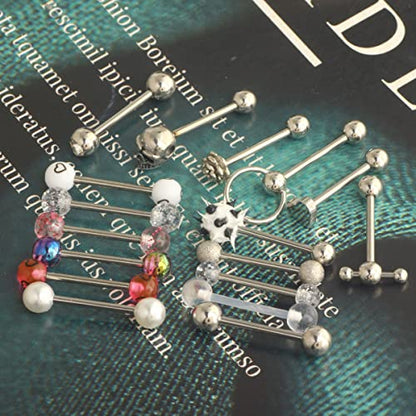 14G Surgical Steel Tongue Rings for Women Men Acrylic Clear Tongue Piercing Jewelry Teaser Slave Ring Skull/Flower/Silicone Soft Spike Ball/CZ/Door Knocker/Pill Tongue Barbell Bars 5/8inch - color: 17pcs mix