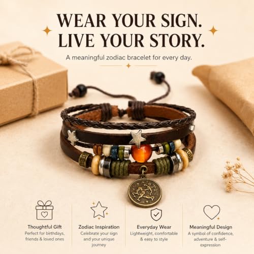 Zodiac Bracelet for Men Women, Adjustable Faux Leather Braided Wrap Bracelet with Vintage Astrology Charm, Gift Jewelry - style: Sagittarius