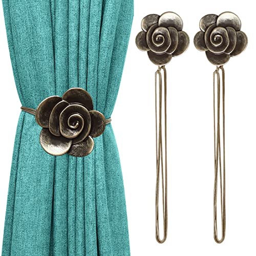 Lewondr Magnetic Curtain Tiebacks, Flower Vintage Curtain Holdbacks, Bronze | 1 Pair, Resin Curtain Ties with Rope Drapery Retro Window Curtain Decorative Buckle Holder for Outdoor, Home, Cafe Balcony - color: Bronze Camellia, size: 2 Pieces