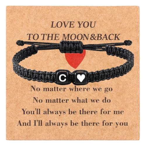 Valentines Day Gifts for Him Her Heart Love Letter Initial Matching Couple Bracelets for Women Men Teen Gifts Best Friend Graduation Birthday Gifts A-Z Braided Bracelet Son Daughter Dad Jewelry - color: Black-C
