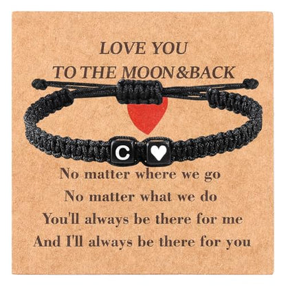 Valentines Day Gifts for Him Her Heart Love Letter Initial Matching Couple Bracelets for Women Men Teen Gifts Best Friend Graduation Birthday Gifts A-Z Braided Bracelet Son Daughter Dad Jewelry - color: Black-C