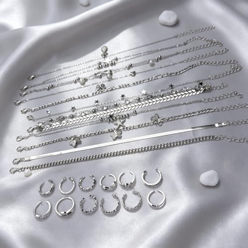 23 Pcs Ankle Bracelet and Toe Ring Set for Women Silver Gold Layered Anklets Foot Chains Adjustable Open Toe Rings Summer Foot Jewelry - style: 23S