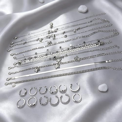 23 Pcs Ankle Bracelet and Toe Ring Set for Women Silver Gold Layered Anklets Foot Chains Adjustable Open Toe Rings Summer Foot Jewelry - style: 23S
