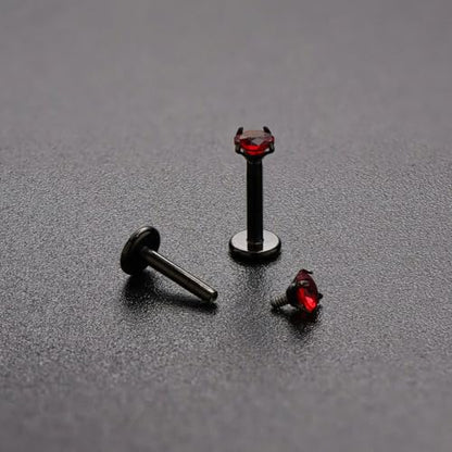 16G 18G Titanium Internal Thread CZ Stud Earrings Flat Back, Silver Black Tragus Helix Conch Cartilage Piercing Jewelry for Women Men 6mm 8mm 10mm Labret Studs 2PCS - color: Black, 16g, 10mm bar, 3mm Red CZ