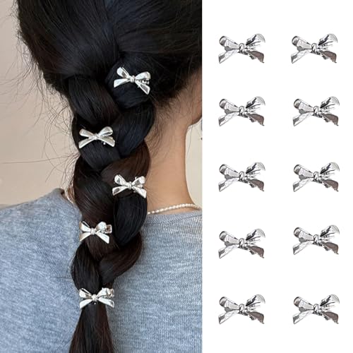 Silver Bow Knot Hair Clips - 10PCS Cute Mini Bow Hairpins for Women - color: Silver Bow