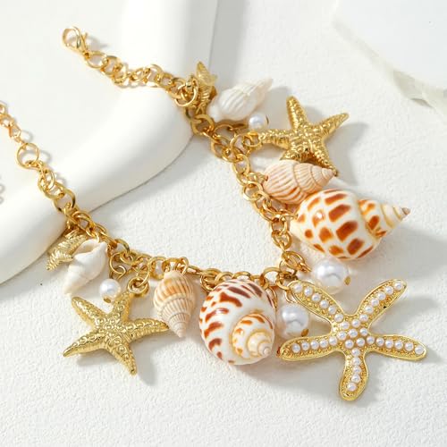Qceasiy Shell Ankle Bracelets for Women, Boho Beaded Beach Anklet Set | Seashell, Heart, Starfish and Conch Styles, Gold-Tone, Stretch or Adjustable Fit, Layered Beach Vacation Jewelry Gifts - color: Gold 3