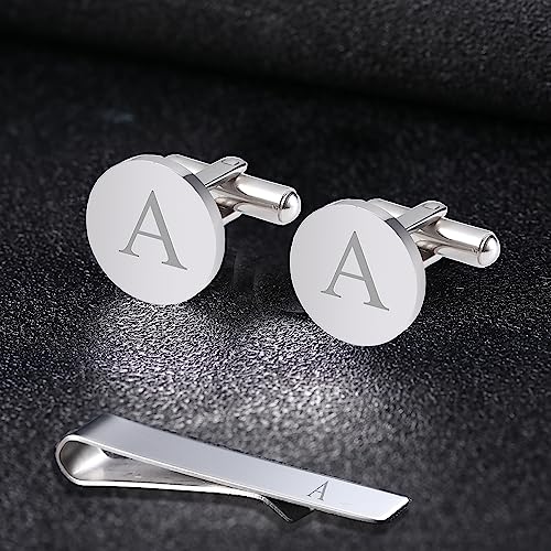 WIGERLON Initial Cufflinks and Tie Clip Set for Men,Stainless steel Letter Cuff Links and Tie Bar Set gift for Father Husband Son Boyfriend - style: S-Silver