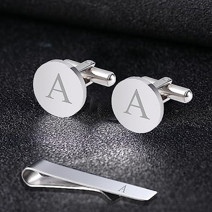 WIGERLON Initial Cufflinks and Tie Clip Set for Men,Stainless steel Letter Cuff Links and Tie Bar Set gift for Father Husband Son Boyfriend - style: S-Silver